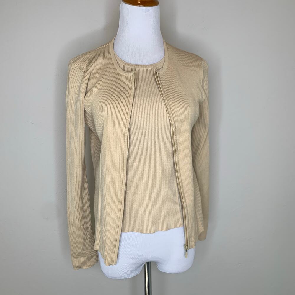 Tan Ribbed Sweater Set Shell and Zip Front Cardigan Sz Small Silk Blend
